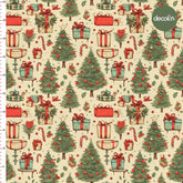 Hand Drawn Vintage Christmas Themed Trees and Gift Wrap Patterned Digital Printed Fabric